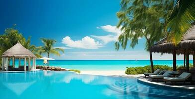 luxuriös Schwimmen Schwimmbad und Liegen Regenschirme in der Nähe von Strand und Meer mit Palme Bäume und Blau Himmel. ai generiert foto