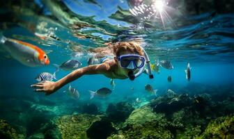 Junge Schnorcheln im ein transparent Ozean Aufpassen bunt Fisch. ai generiert foto