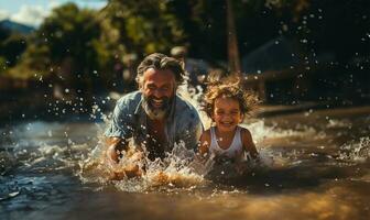 Senior Mann und ein Kind spielen und planschen mit Wasser auf ein Strand im Sommer. ai generiert foto