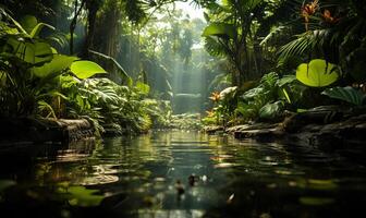 schön tropisch Garten reichlich mit üppig Vegetation. ai generiert foto