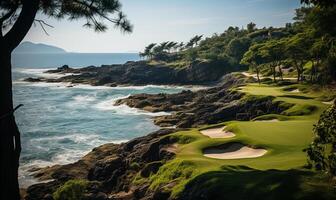 ein Resort Golf Kurs durch das Ozean, auf ein schön sonnig Tag. ai generiert foto