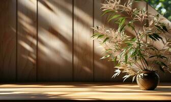 Sanft und schön Laub gesprenkelt Sonnenlicht von tropisch Bambus Baum Blatt Schatten ai generiert foto