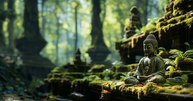Statue von ein meditieren Buddha platziert auf ein Felsen im ein idyllisch Bambus Garten. ai generiert foto
