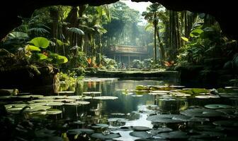 schön tropisch Garten reichlich mit üppig Vegetation. ai generiert foto