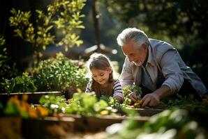 Großvater mit Enkelinnen im Zuhause Garten. ai generiert foto