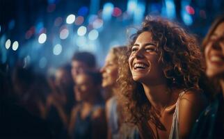 Frauen Lachen und haben ein gut Zeit beim ein Konzert beim ein Musik- Festival. ai generiert foto