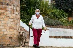 Senior Frau tragen ein Zuhause gemacht Gesicht Maske und haben ein kurz gehen draußen mit ihr Haustier während das Coronavirus Quarantäne Deeskalation foto