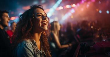 Frauen Lachen und haben ein gut Zeit beim ein Konzert beim ein Musik- Festival. ai generiert foto