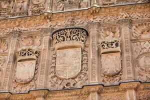 Detail von das schön Fassade von das historisch Gebäude von das Universität von Salamanca foto