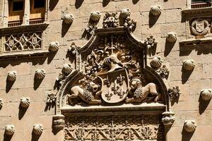 Detail von Dekorationen auf das Fassade von das historisch Haus von das Muscheln gebaut im 1517 durch rodrigo Arien de maldonado Ritter von das bestellen von Santiago de compostela im Salamanca, Spanien foto