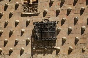 Detail von das Fenster von das historisch Haus von das Muscheln gebaut im 1517 durch rodrigo Arien de maldonado Ritter von das bestellen von Santiago de compostela im Salamanca, Spanien foto
