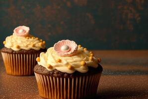 herrlich und cremig Cupcakes Banner zum jeder Feier generativ ai foto