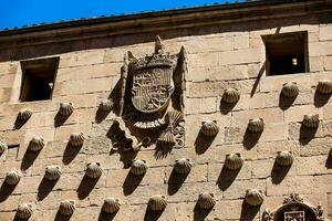 Detail von Dekorationen auf das Fassade von das historisch Haus von das Muscheln gebaut im 1517 durch rodrigo Arien de maldonado Ritter von das bestellen von Santiago de compostela im Salamanca, Spanien foto
