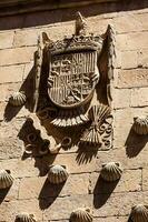 Detail von Dekorationen auf das Fassade von das historisch Haus von das Muscheln gebaut im 1517 durch rodrigo Arien de maldonado Ritter von das bestellen von Santiago de compostela im Salamanca, Spanien foto