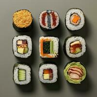 ai generiert verschiedene Fotos von kimbap und Sushi Essen von Süd Korea und Japan.