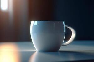 ai generativ Weiß Kaffee Tasse Attrappe, Lehrmodell, Simulation auf ein Tabelle gegen ein schwarz Hintergrund. 3d Illustration foto