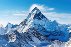 ai generiert hoch Berg Landschaft Bilder bedeckt mit Schnee und Wolken foto