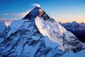 ai generiert hoch Berg Landschaft Bilder bedeckt mit Schnee und Wolken foto