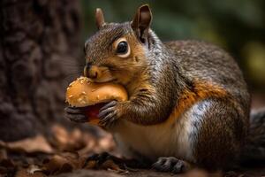 ai generativ Eichhörnchen Essen ein Hamburger im das Wald. Nahansicht foto