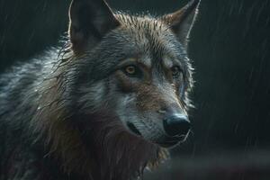Nahansicht Porträt von ein Wolf im das Regen auf ein dunkel Hintergrund ai generativ foto