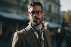 ai generativ Porträt von reifen Mann im Brille suchen Weg auf das Straße foto