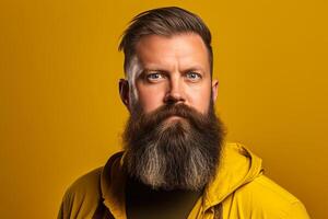 ai generativ Porträt von ein gut aussehend Mann im ein Gelb Jacke mit lange Bart und Schnurrbart auf Gelb Hintergrund foto