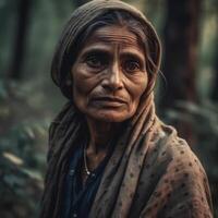 ai generativ Porträt von ein alt indisch Frau im das Wald. Jahrgang Stil. foto
