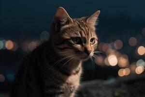 ai generativ süß wenig Kätzchen mit Blau Augen suchen beim das Stadt beim Nacht foto