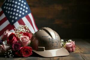 Helm mit Blumen und amerikanisch Flagge auf hölzern Tisch. Arbeit Tag Konzept ai generativ foto