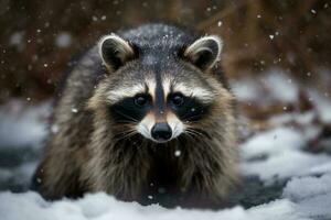 Porträt von ein Waschbär im das Winter Wald. Tier im das Schnee ai generativ foto