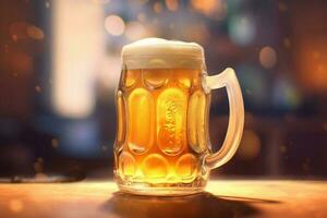schaumig Bier im groß Glas Becher steht im lokal Bar auf Oktoberfest, ai generiert foto