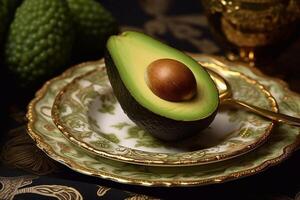 saftig köstlich Avocado Lügen auf ein schön Platte, ai generiert foto