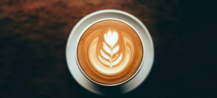 ai generiert, generativ ai, direkt über ein Kaffee Tasse Sortiment mit kreativ Schaum Kunst, Cappuccino, Mokka, Latté mit schaumig Schaum, heiß Kaffee, Milch Schaum, eben legen im dunkel Hintergrund foto
