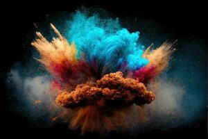 Explosion von Blau Orange malen, Staub auf holi Festival. abstrakt Hintergrund. generativ ai foto