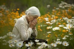 Frau beten Feld. generieren ai foto