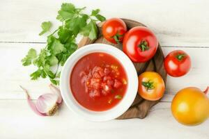 Tomate Suppe oben Sicht. generieren ai foto