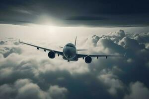 Flugzeug fliegt Wolken Transport. generieren ai foto