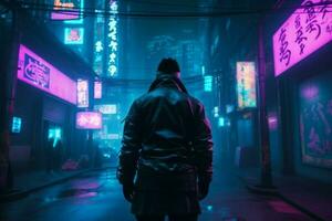 Mann Tokyo Straße Nacht Farben. generieren ai foto