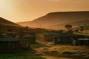 Dorf Afrika Hügel Sonnenuntergang. generieren ai foto