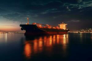 Tanker Nacht Dock Beleuchtung. generieren ai foto