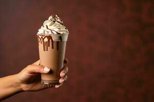 Nahansicht von weiblich Hand halten Glas von Schokolade Milchshake mit ausgepeitscht Sahne auf Rosa Hintergrund foto