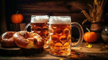 Riese Brezel und schaumig Bier Tassen auf ein rustikal hölzern Tabelle beim Oktoberfest foto