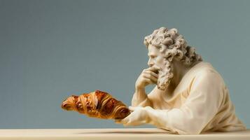 Kunst Skulptur von uralt Italienisch von Marmor mit ein Croissant isoliert auf ein Pastell- Hintergrund mit ein Kopieren Raum foto