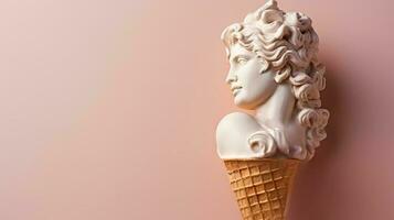Kunst Skulptur von uralt Italienisch von Marmor mit ein Eis Sahne Kegel isoliert auf ein Pastell- Hintergrund mit ein Kopieren Raum foto