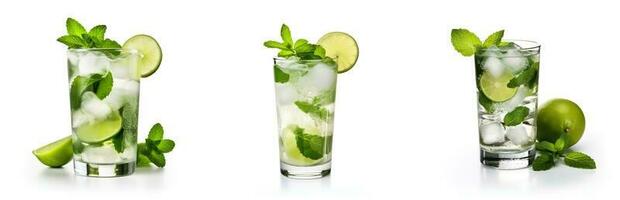 Mojito einstellen Cocktail mit Kalk, Minze und Eis auf Weiß Hintergrund foto