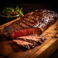 Steak auf ein hölzern Tafel auf ein dunkel Hintergrund. generativ ai Technologie. foto