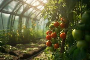 Gewächshaus mit Tomate Gebüsch. generativ ai Technologie. foto
