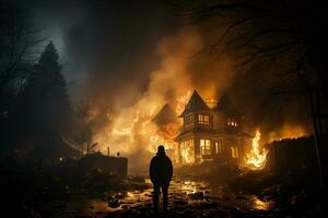 Feuerwehrleute löschen ein Verbrennung Haus im das Dorf beim Nacht. foto