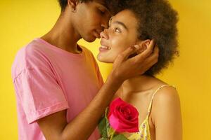 romantisch glücklich Mann geben ein Rosa Rose zu ihr Freundin zum Valentinstag Tag foto
