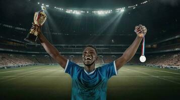 Fußball Spieler im Blau Uniform freut sich zum das Sieg von ein Trophäe beim das Stadion. generativ ai foto